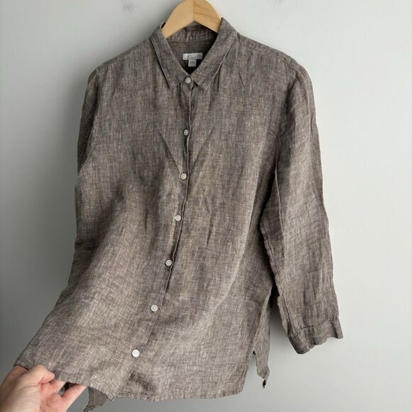 J Jill Love Linen Shirt Large Heather Brown Button Up Essential Shirt Long Slv - Picture 3 of 8